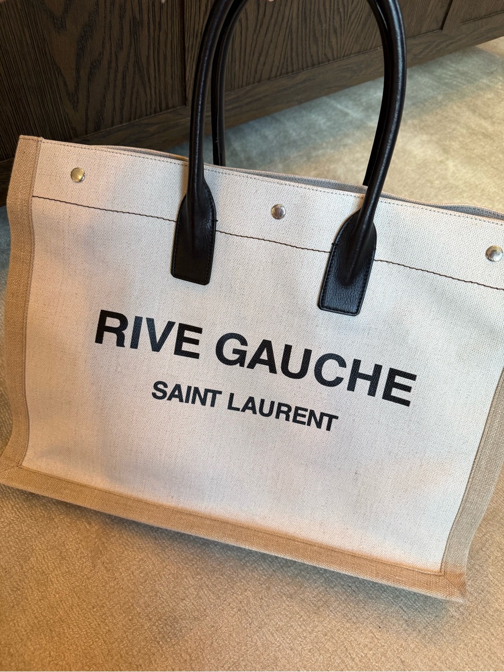 Saint Laurent Rive Gauche Canvas Tote in Beige with Black Handles